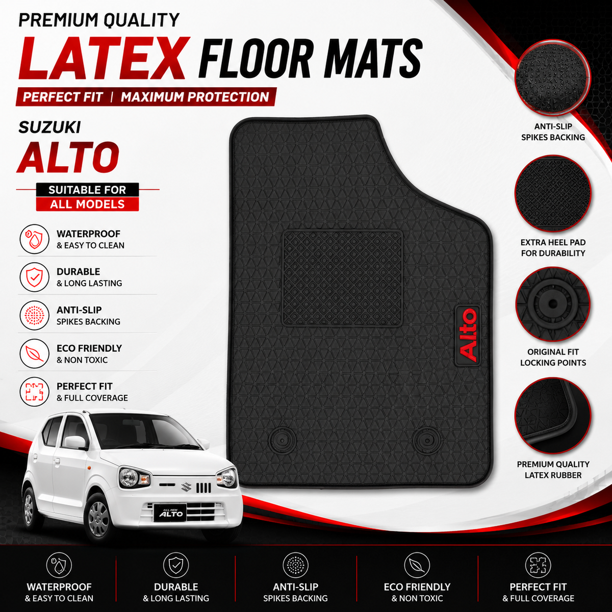 Suzuki Alto 2018-2026 Latex Rubber PVC Floor Mats – Custom Fit Waterproof Heavy Duty | Haseen