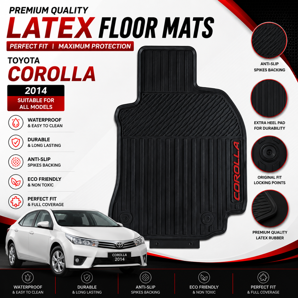 Toyota Corolla 2014-2026 Latex Rubber PVC Floor Mats – Custom Fit Waterproof Heavy Duty | Haseen