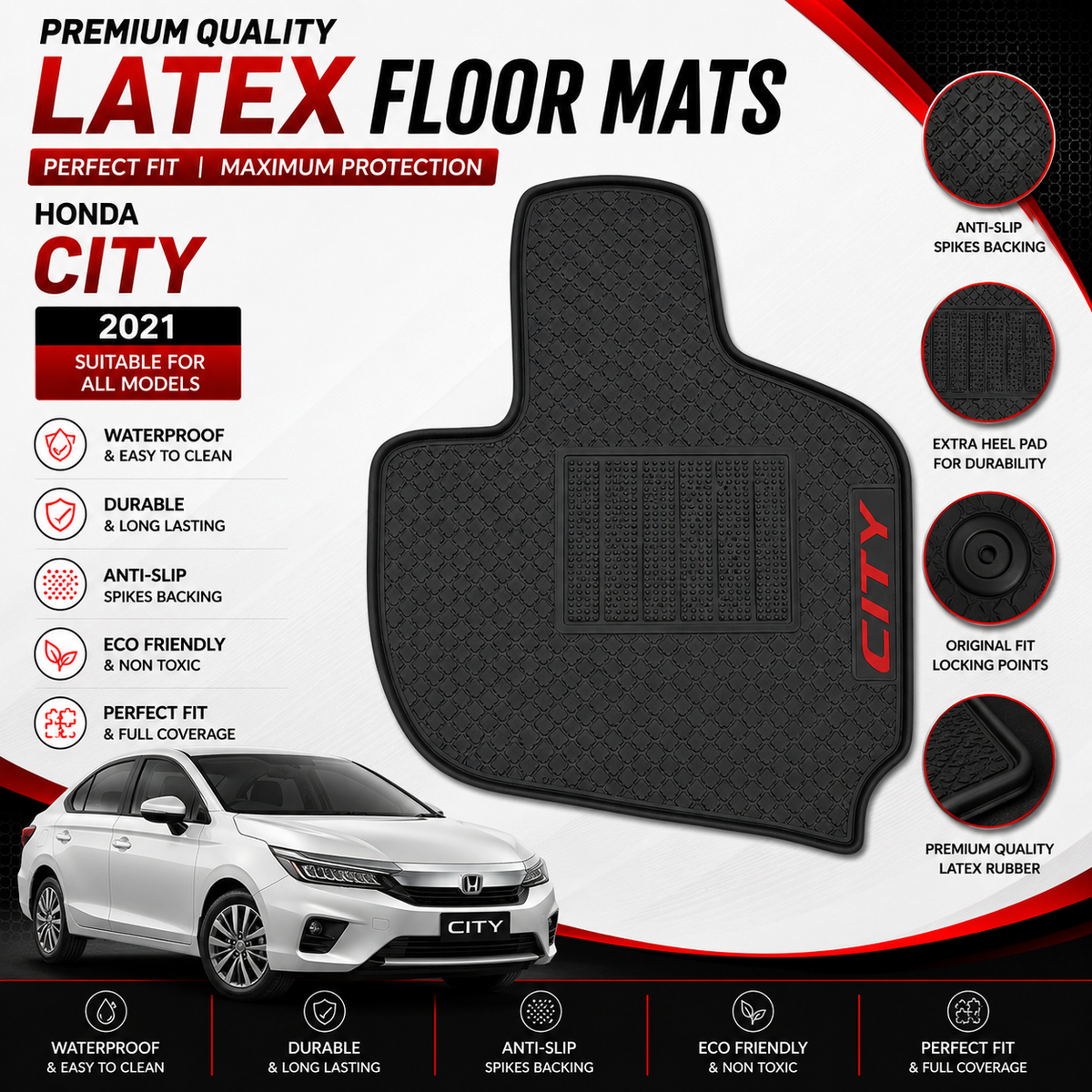 Honda City 2021-2026 Latex Rubber PVC Floor Mats – Custom Fit Waterproof Heavy Duty | Haseen