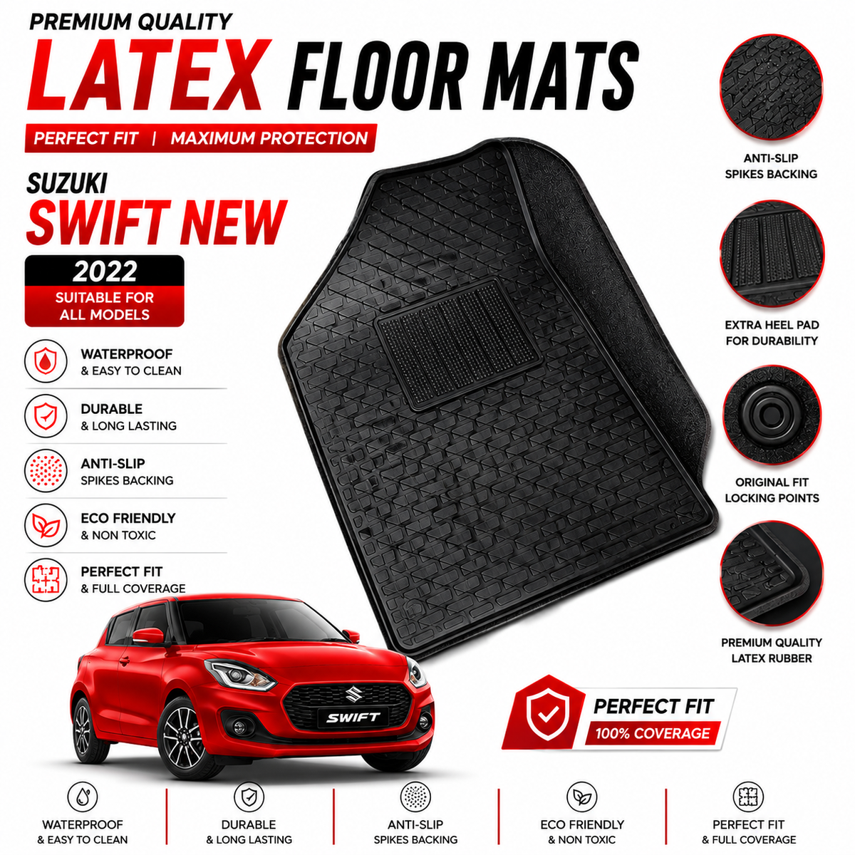 Suzuki Swift New 2022-2024 Latex Rubber PVC Floor Mats – Custom Fit Waterproof Heavy Duty | Haseen