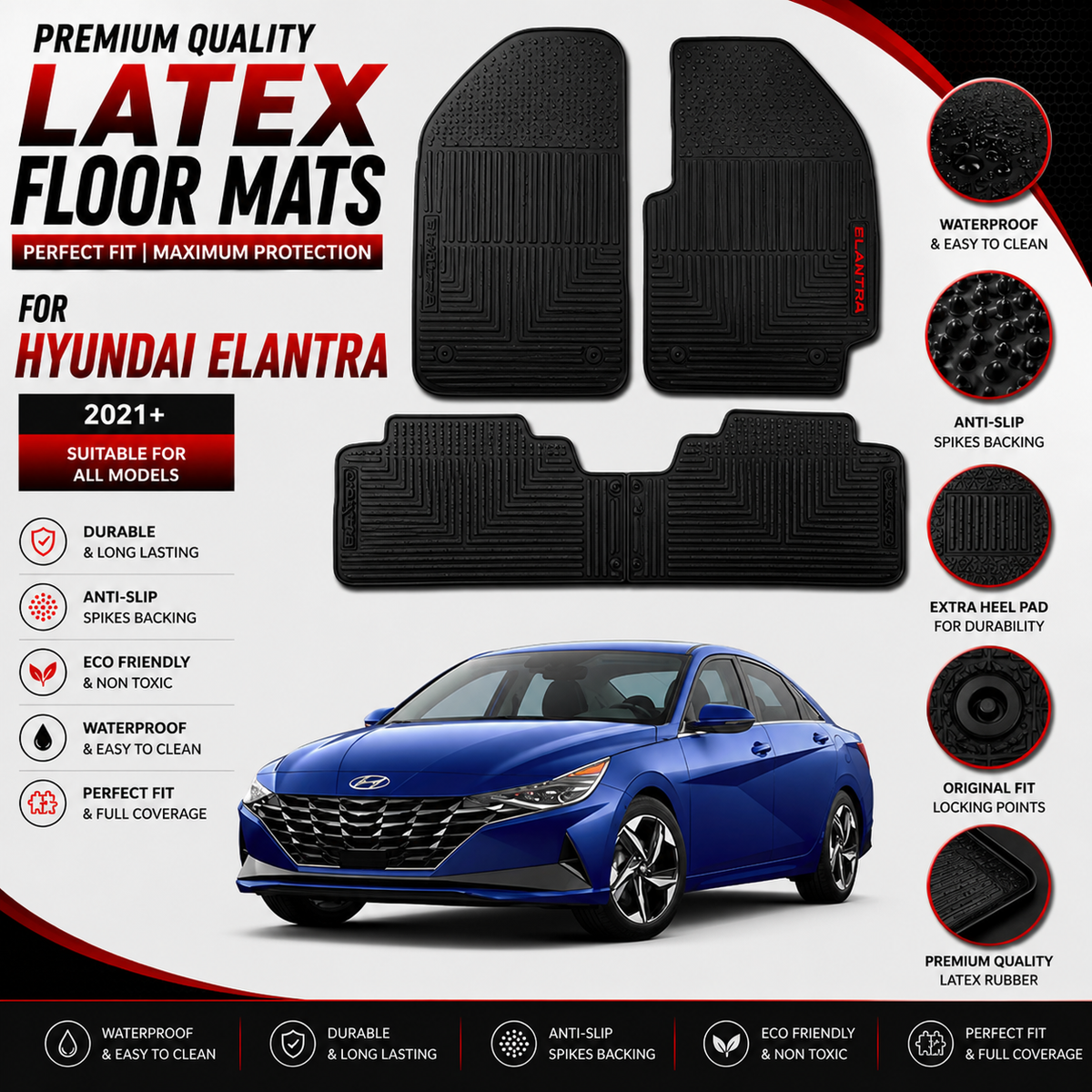 Hyundai Elantra 2021-2024 Latex Rubber Car Floor Mat