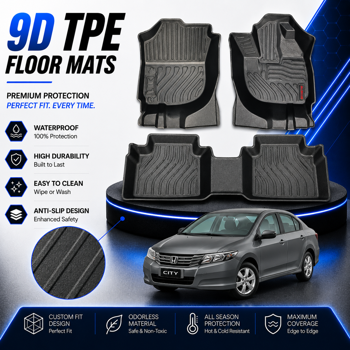 Honda City 2009-2020 TPE Plastic Heavy Duty 9D Floor Mat