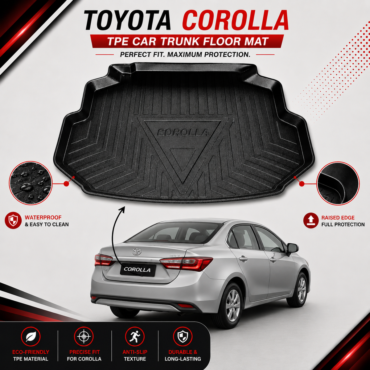 Toyota Corolla 2014-2026 TPE Trunk Mat – Diggi Tray Boot Liner, Custom Fit Waterproof