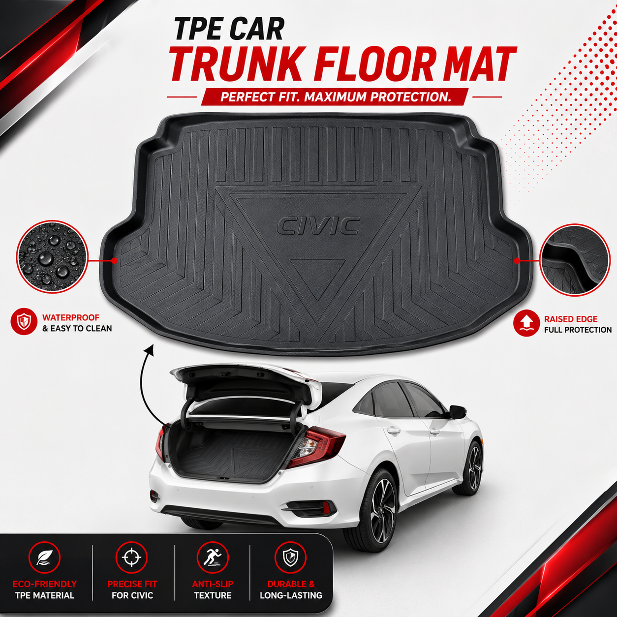 Honda Civic X 2016-2021 TPE Plastic Car Trunk Mat