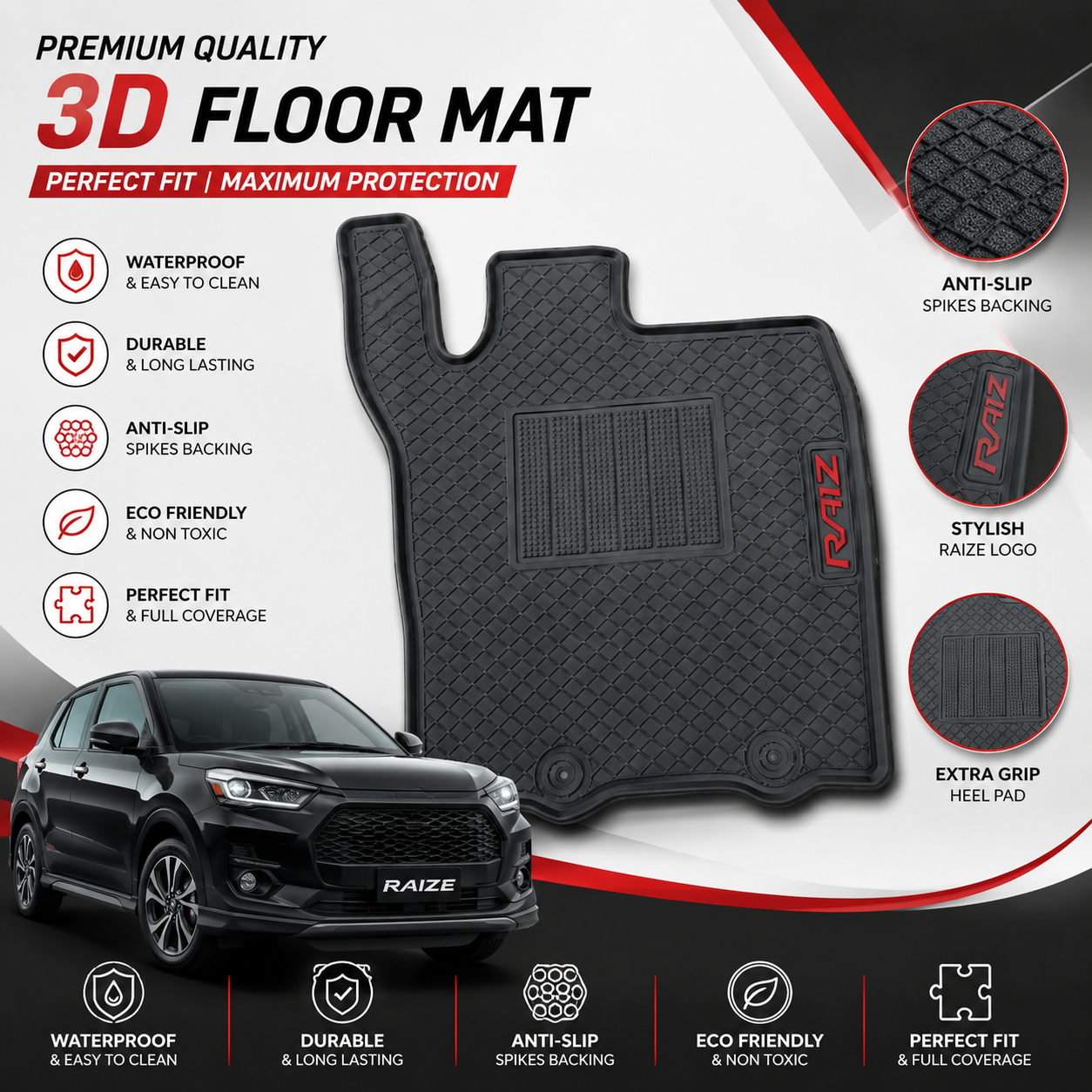 Toyota Raize 2020-2025 Latex Rubber PVC Floor Mats – Custom Fit Waterproof Heavy Duty | Haseen