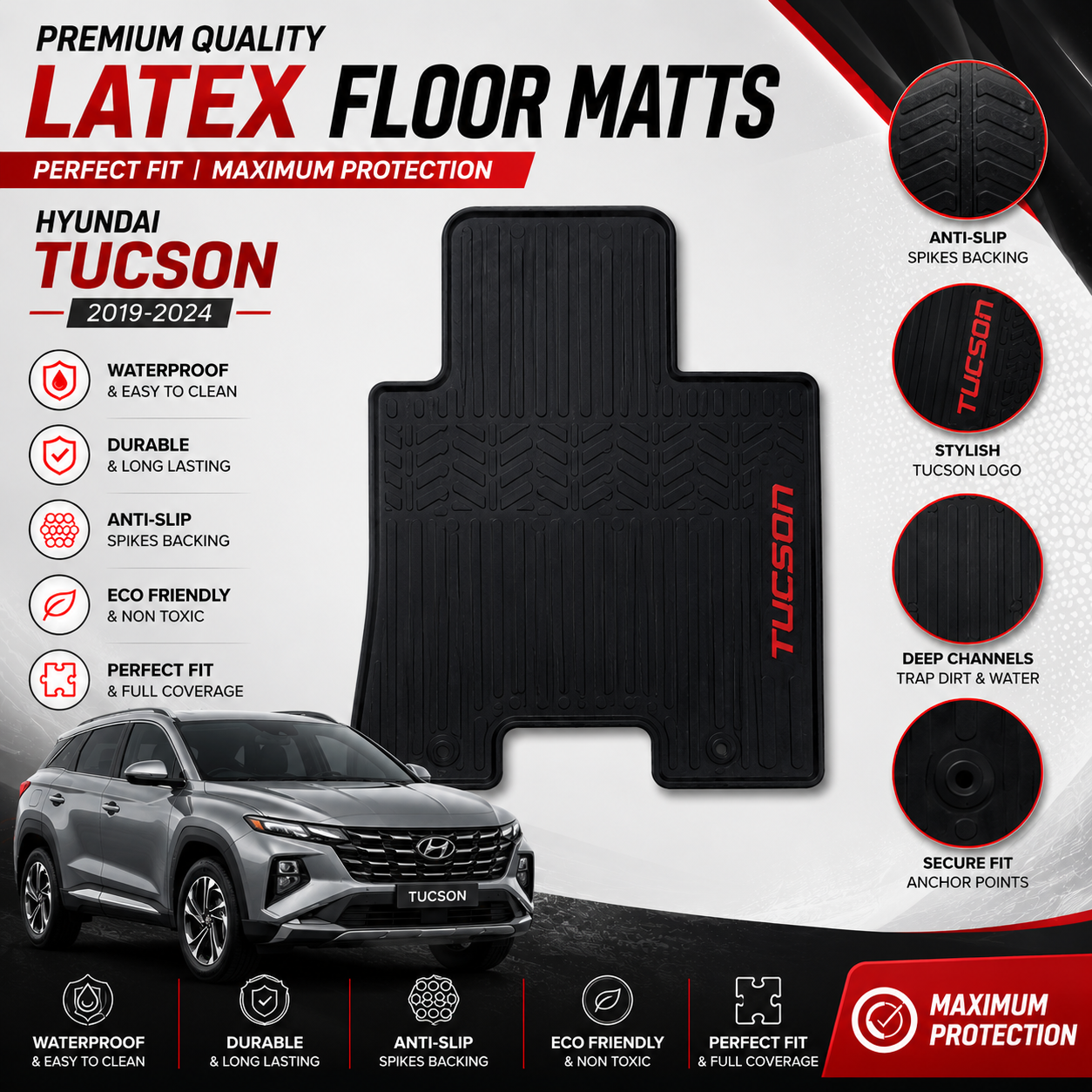 Hyundai Tucson 2019-2024 Latex Rubber PVC Floor Mats – Custom Fit Waterproof Heavy Duty | Haseen