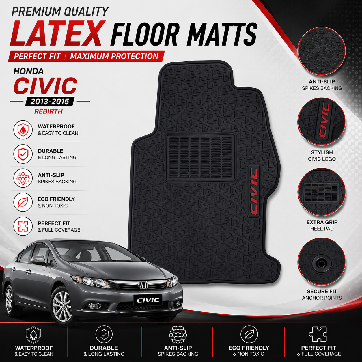 Honda Civic 2013-2015 Rebirth Latex Rubber PVC Floor Mats – Custom Fit Waterproof Heavy Duty | Haseen