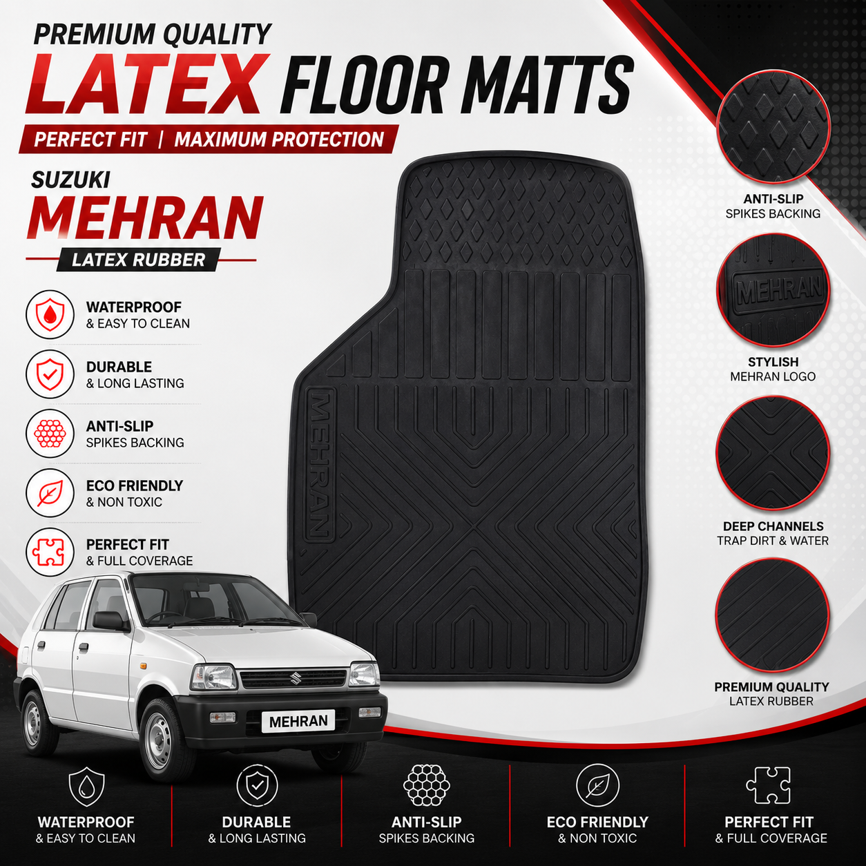 Suzuki Mehran Latex Rubber PVC Floor Mats – Custom Fit Waterproof Heavy Duty | Haseen