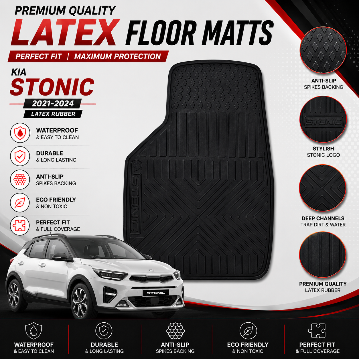 Kia Stonic 2021-2024 Latex Rubber PVC Floor Mats – Custom Fit Waterproof Heavy Duty | Haseen