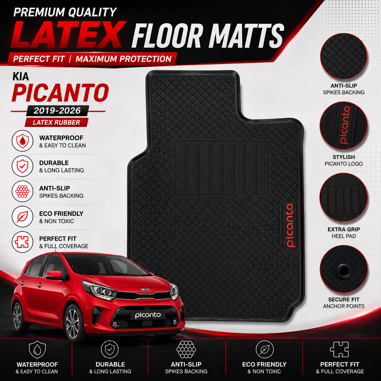 Kia Picanto 2019-2026 Latex Rubber PVC Floor Mats – Custom Fit Waterproof Heavy Duty | Haseen