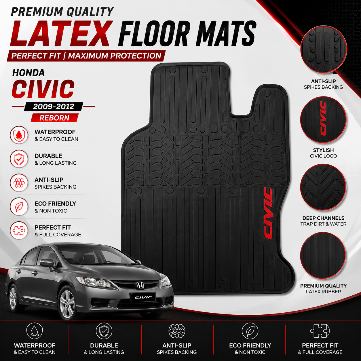 Honda Civic 2009-2012 Reborn Latex Rubber PVC Floor Mats – Custom Fit Waterproof Heavy Duty | Haseen