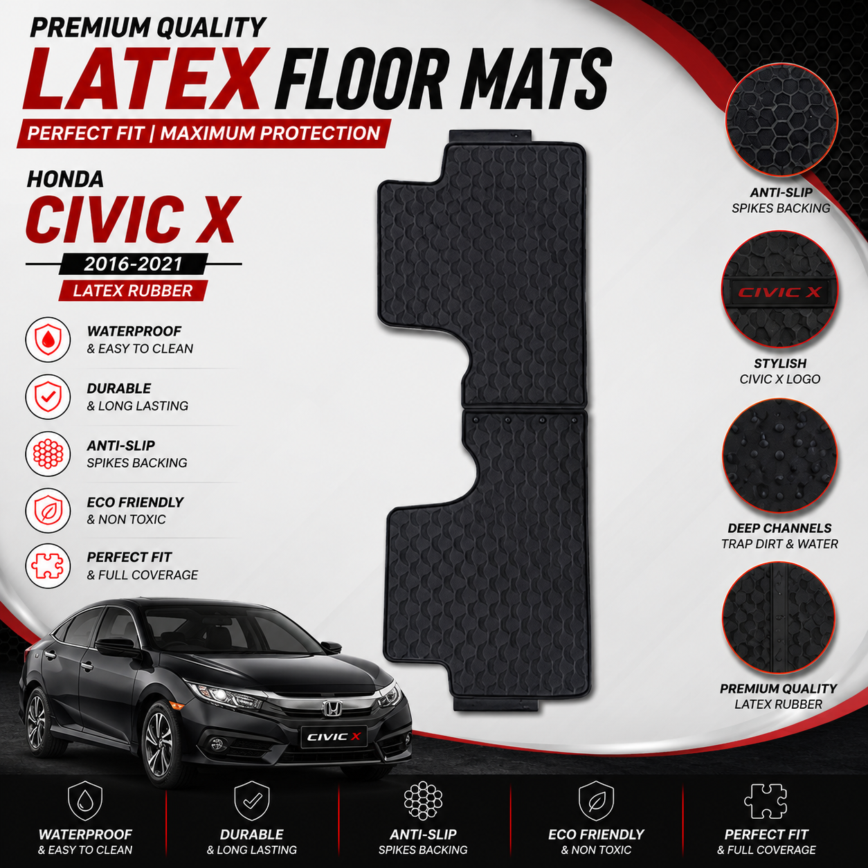 Honda Civic X 2016-2021 Latex Rubber PVC Floor Mats – Custom Fit Waterproof Heavy Duty | Haseen