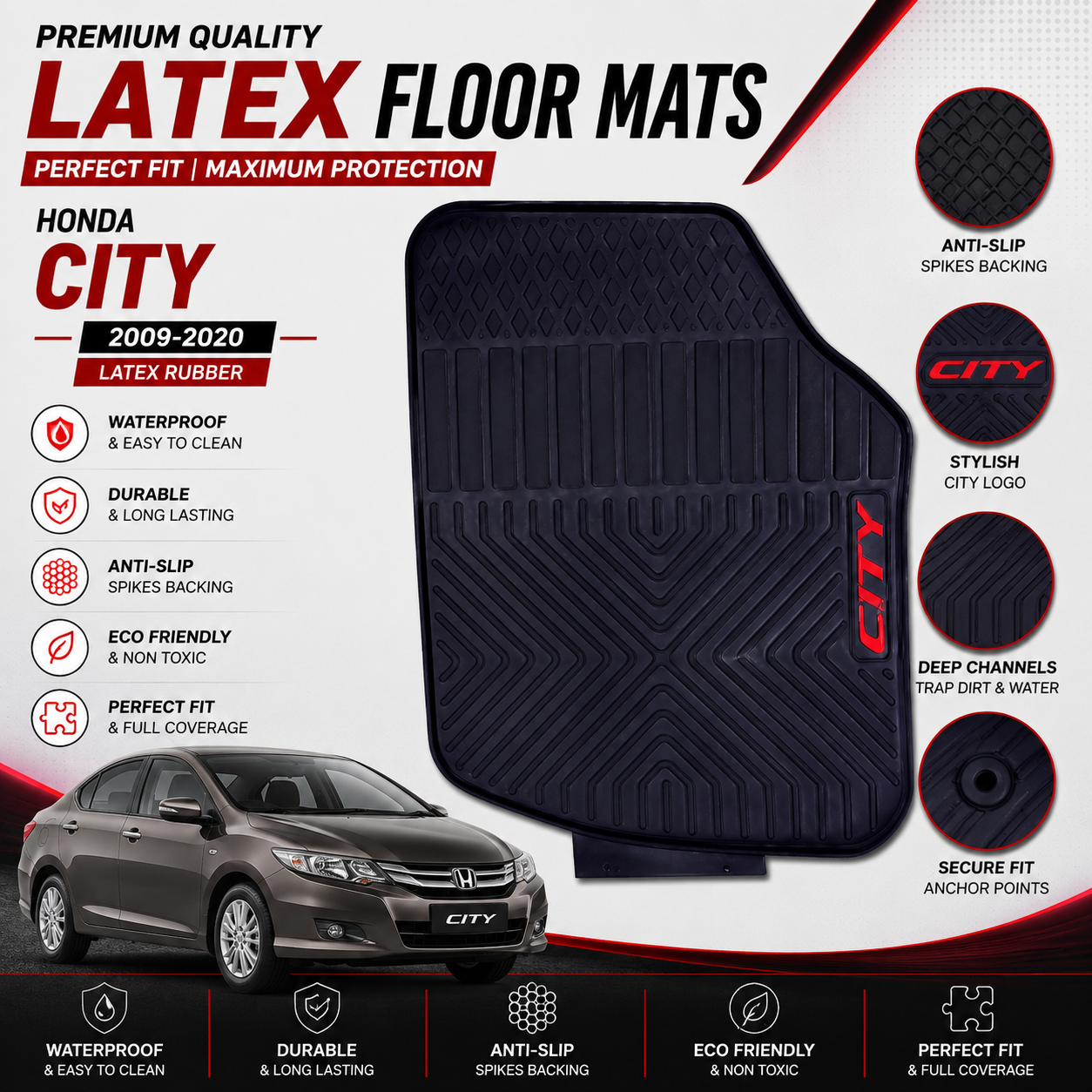 Honda City 2009-2020 Latex Rubber PVC Floor Mats – Custom Fit Waterproof Heavy Duty | Haseen