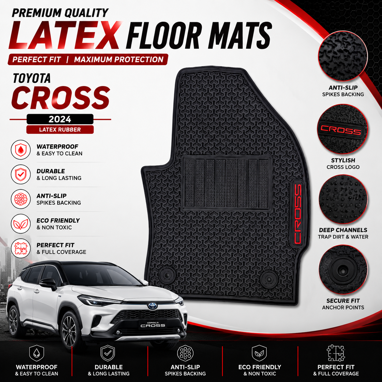Toyota Cross 2024 Latex Rubber PVC Floor Mats – Custom Fit Waterproof Heavy Duty | Haseen