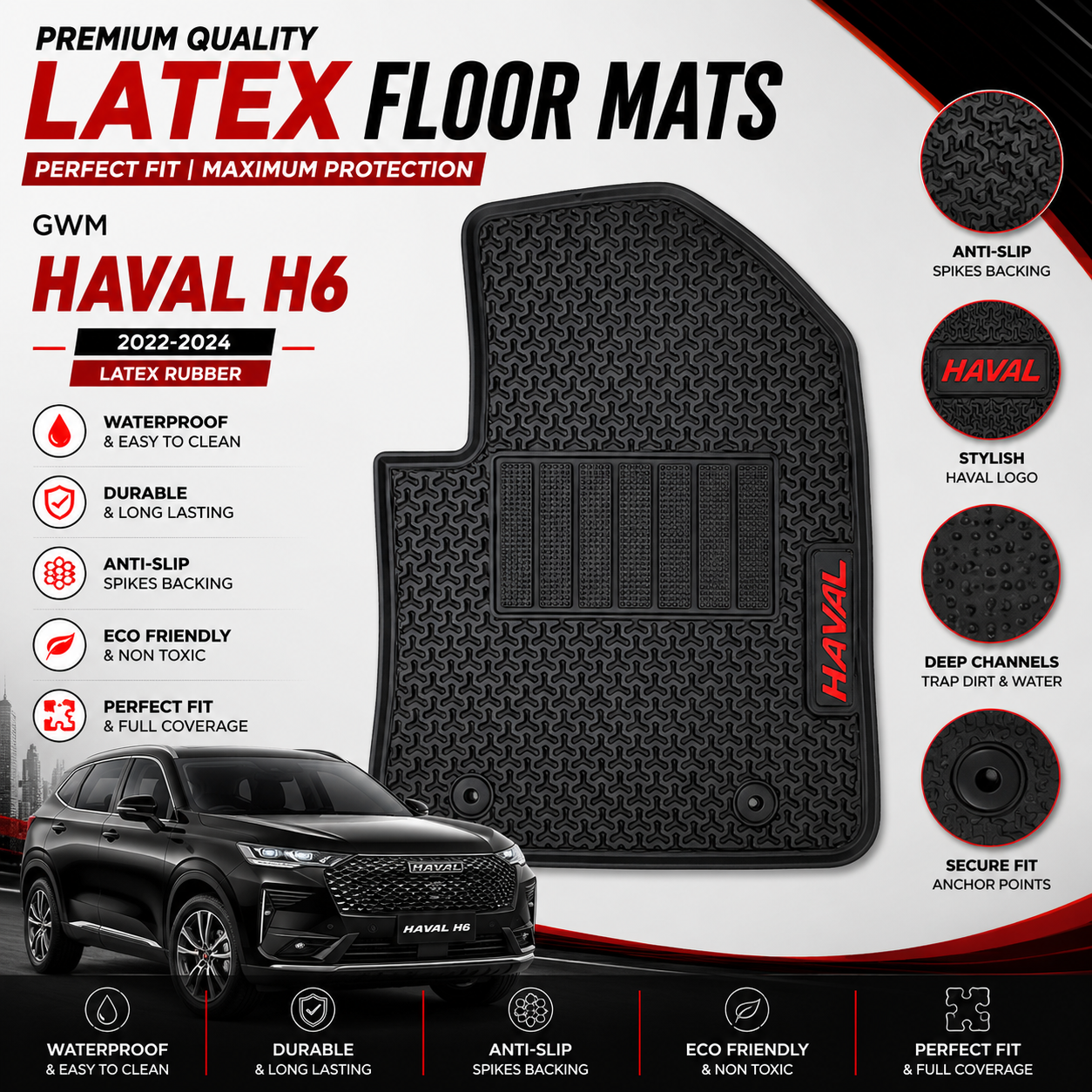 GWM Haval H6 2022-2024 Latex Rubber PVC Floor Mats – Custom Fit Waterproof Heavy Duty | Haseen
