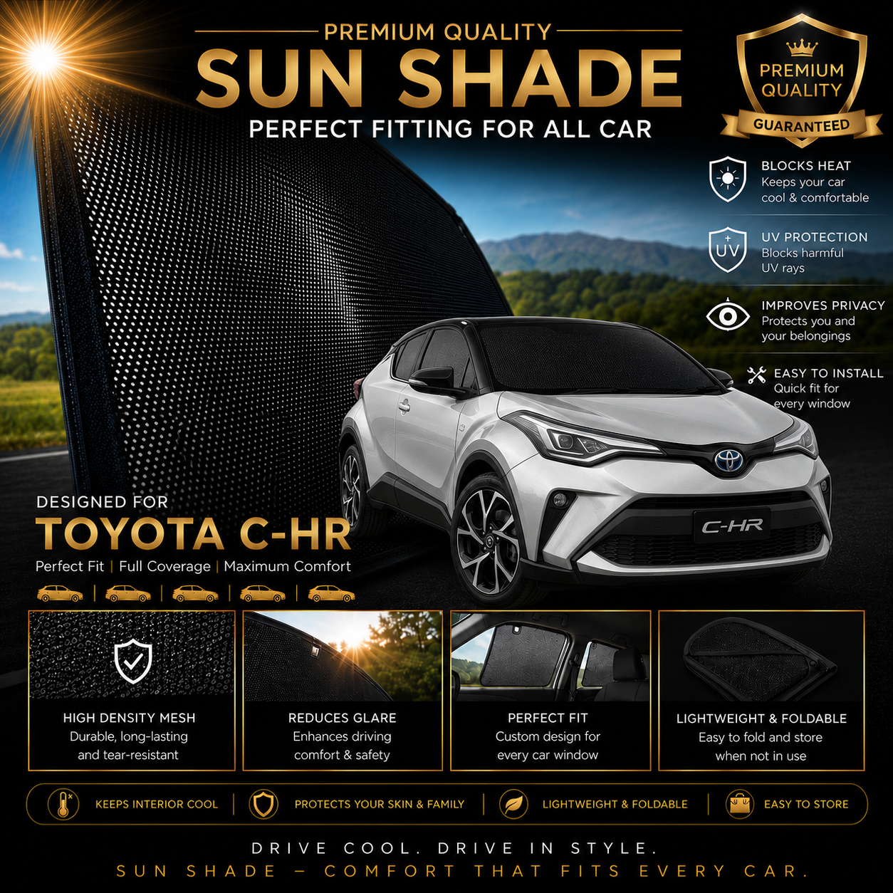 Toyota C-HR 2016-2023 Car Window Sun Shades