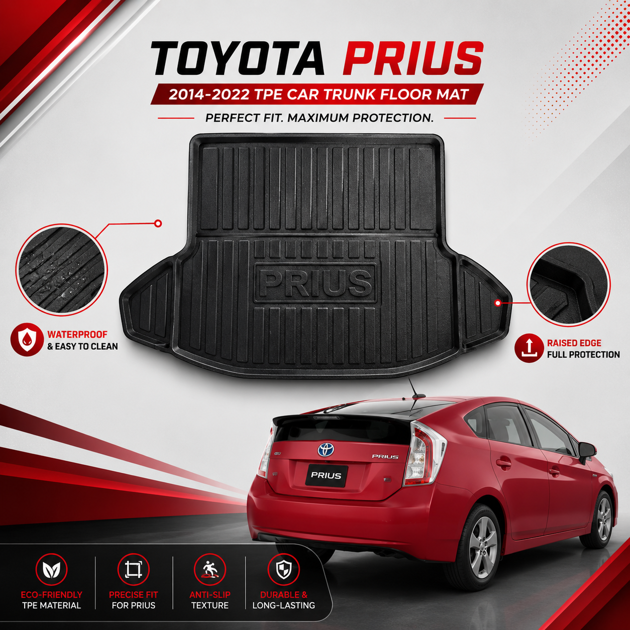 Toyota Prius Hybrid 2014-2022 TPE Plastic Car Trunk Mat