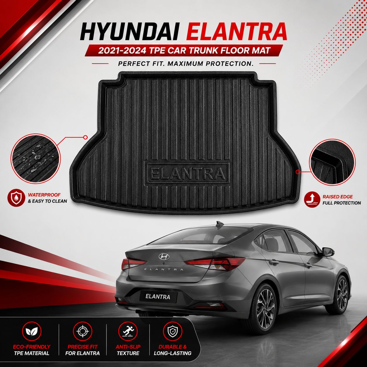 Hyundai Elantra 2021-2024 TPE Plastic Car Trunk Mat