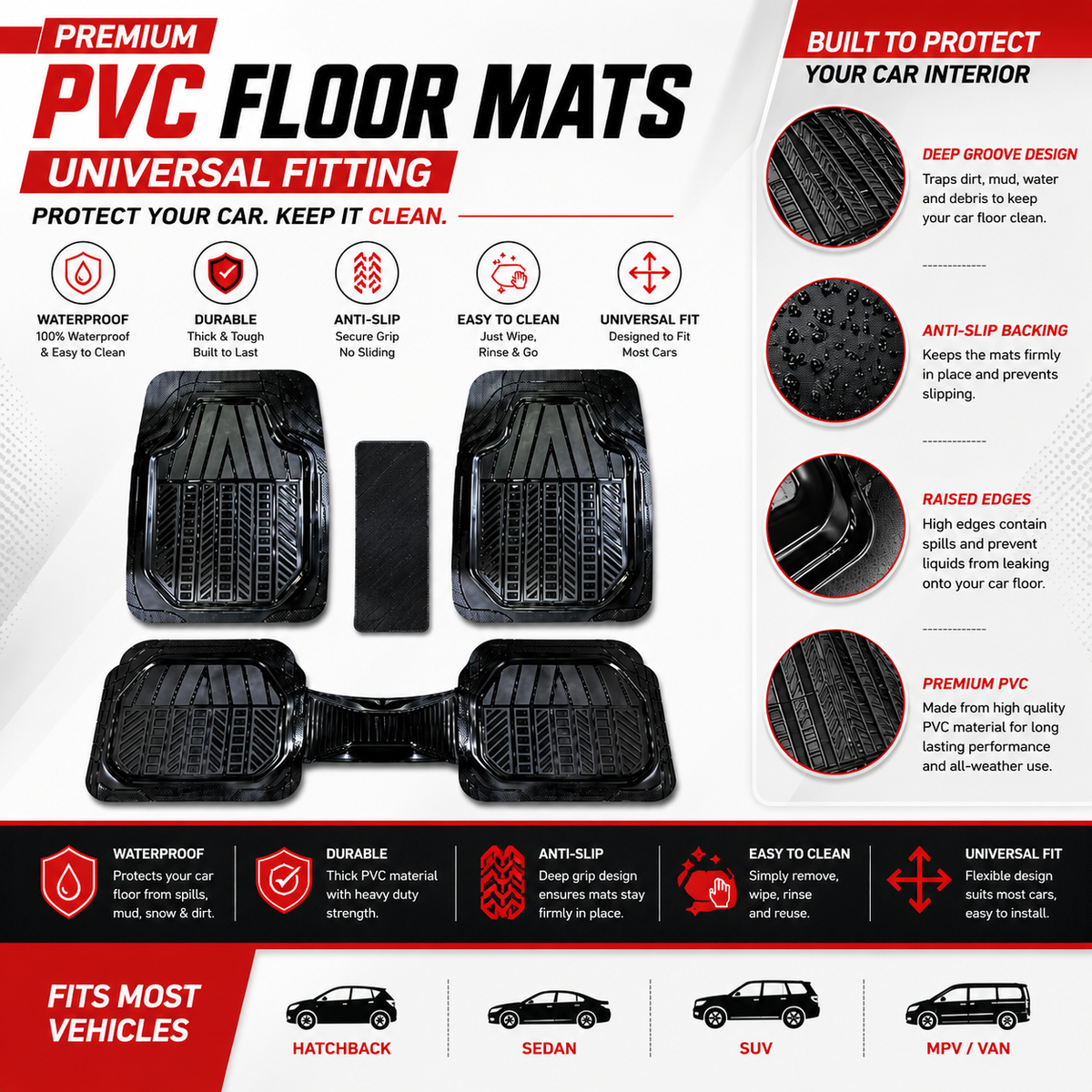 Universal 888 3 Piece PVC Diamond Series Car Floor Mat
