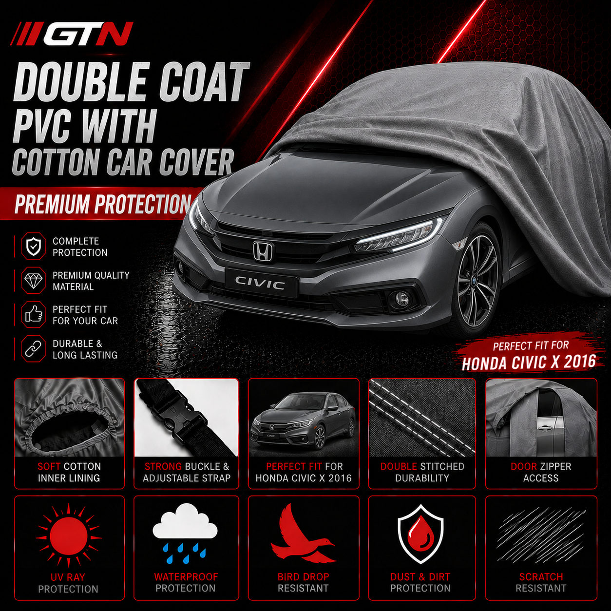 Honda Civic X 2016-2021 Oxford + Needle Cotton Top Cover