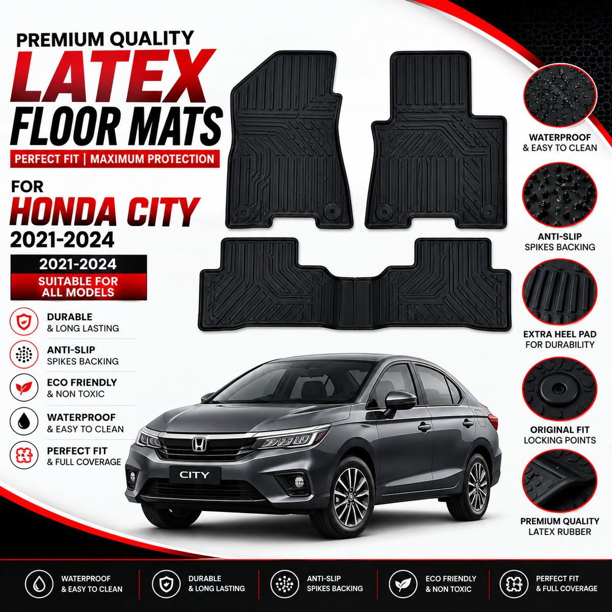 Honda City 2021-2024 Latex Rubber Car Floor Mat