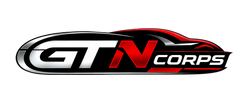 A stylized 'GTN CORPS' logo with a black and silver car silhouette and red accents on a transparent checkerboard background.
